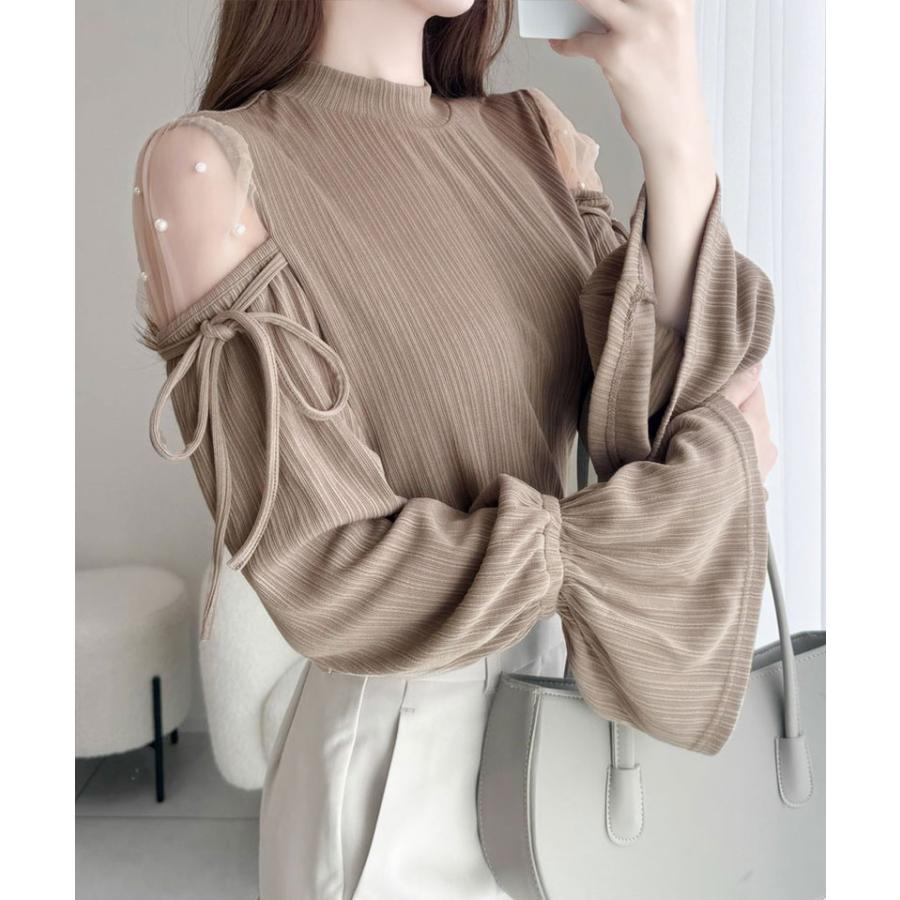 【mily bilet】 トップス カットソー レディース チュール パール キャンディスリーブ 肩開き 肩スリット リブ リボン シアー 長袖 華奢見え | classicalelf | 10