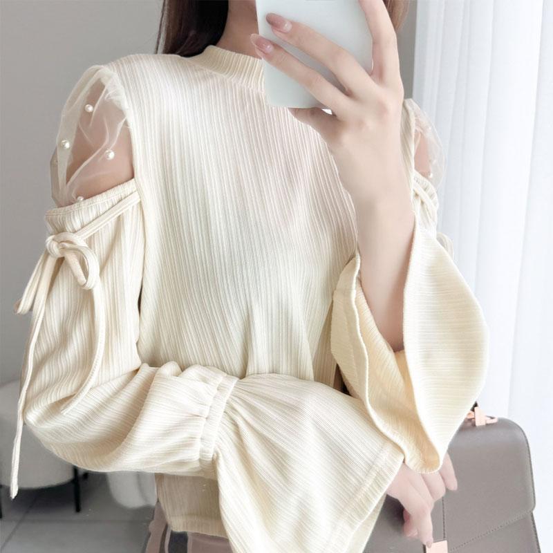 【mily bilet】 トップス カットソー レディース チュール パール キャンディスリーブ 肩開き 肩スリット リブ リボン シアー 長袖 華奢見え | classicalelf | 13