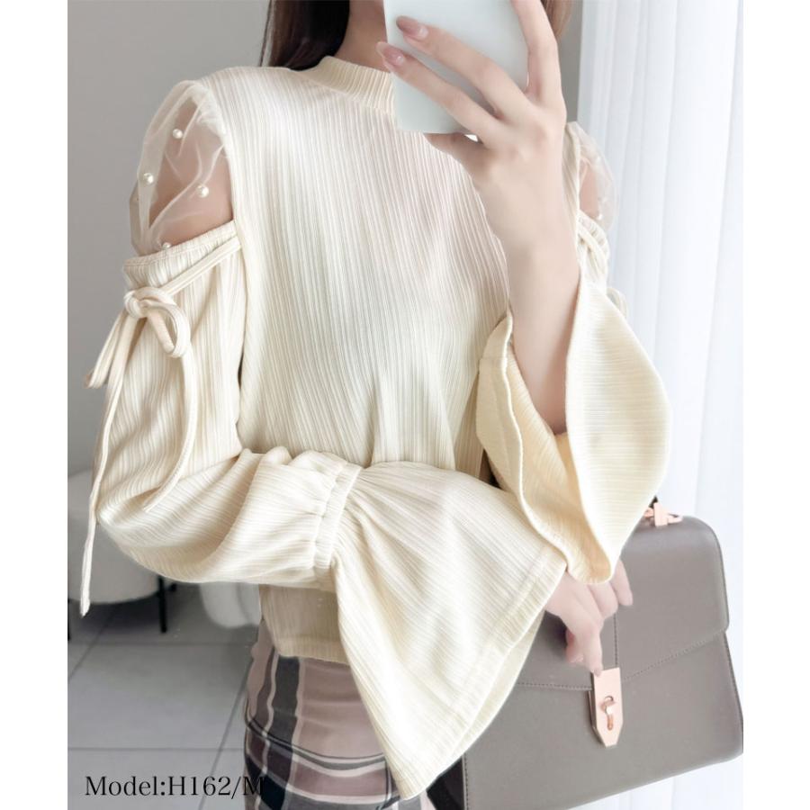 【mily bilet】 トップス カットソー レディース チュール パール キャンディスリーブ 肩開き 肩スリット リブ リボン シアー 長袖 華奢見え | classicalelf | 03