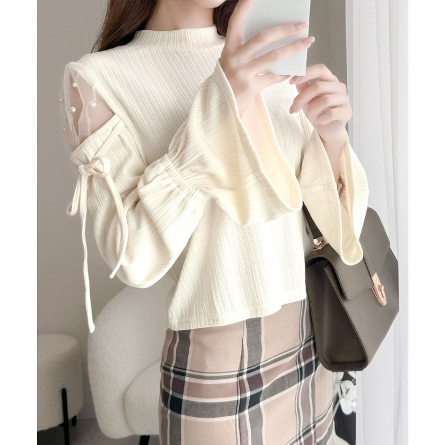 【mily bilet】 トップス カットソー レディース チュール パール キャンディスリーブ 肩開き 肩スリット リブ リボン シアー 長袖 華奢見え | classicalelf | 04