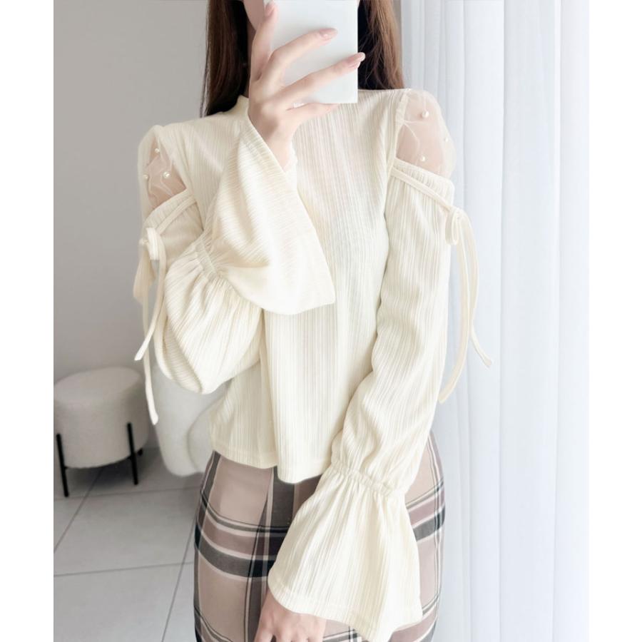 【mily bilet】 トップス カットソー レディース チュール パール キャンディスリーブ 肩開き 肩スリット リブ リボン シアー 長袖 華奢見え | classicalelf | 05