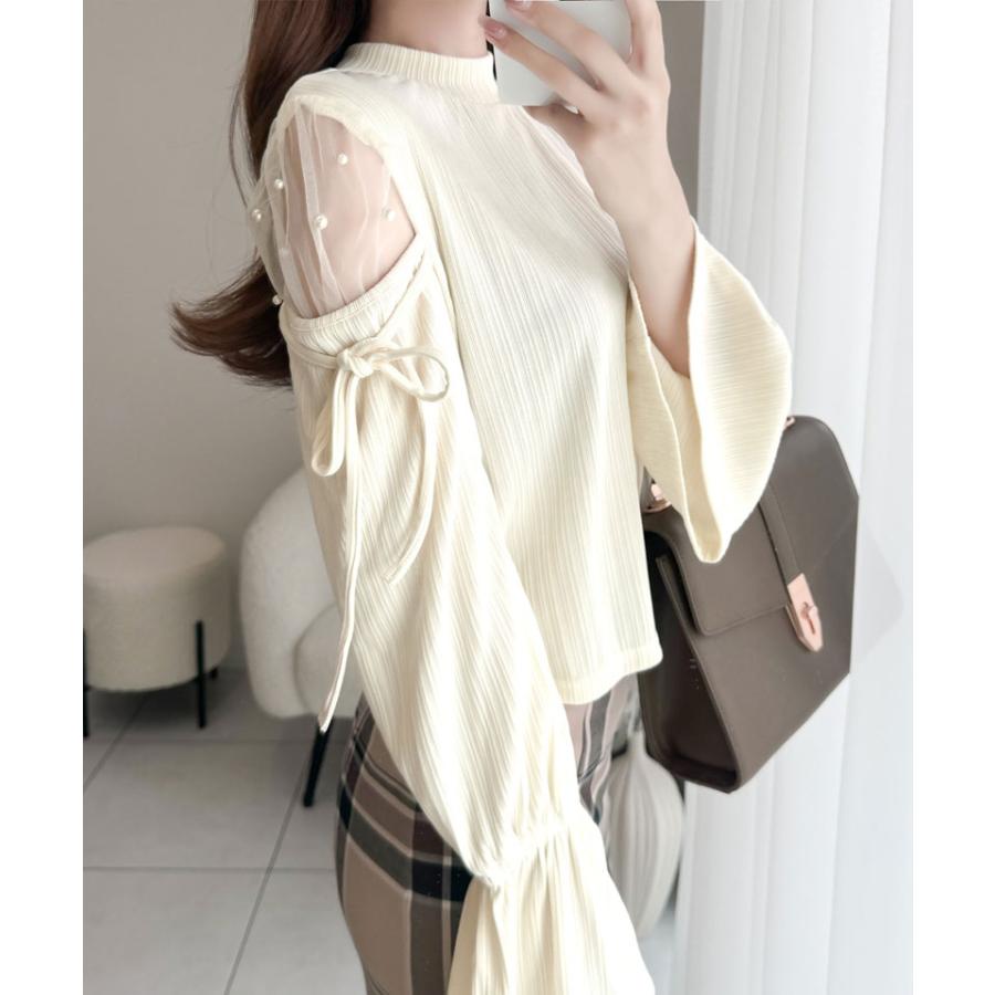 【mily bilet】 トップス カットソー レディース チュール パール キャンディスリーブ 肩開き 肩スリット リブ リボン シアー 長袖 華奢見え | classicalelf | 06
