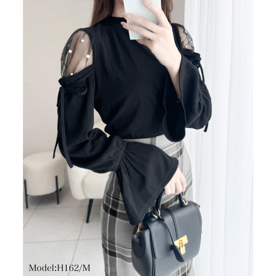 【mily bilet】 トップス カットソー レディース チュール パール キャンディスリーブ 肩開き 肩スリット リブ リボン シアー 長袖 華奢見え | classicalelf | 07