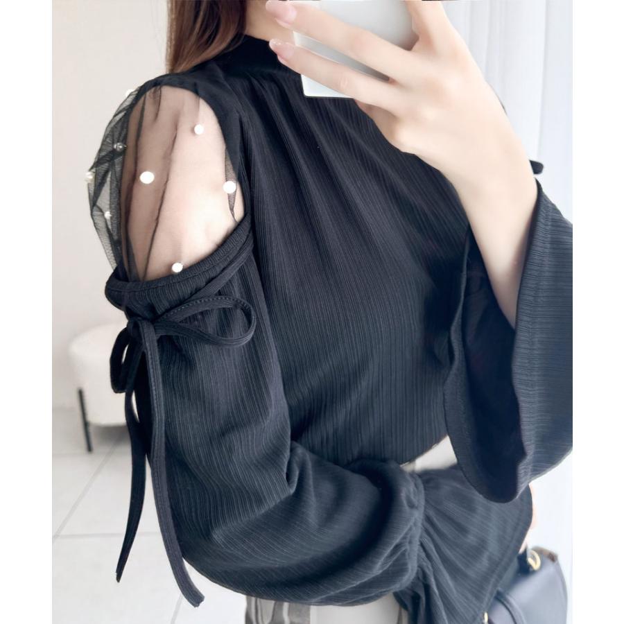 【mily bilet】 トップス カットソー レディース チュール パール キャンディスリーブ 肩開き 肩スリット リブ リボン シアー 長袖 華奢見え | classicalelf | 08