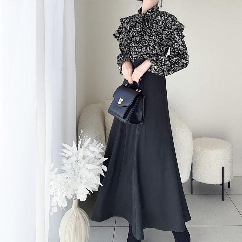 【mily bilet】 ワンピース レディース 小花柄 リボンタイ リボン ドッキング フリル ボウタイ レースアップ ブラウス スカート ケープ フレア | classicalelf | 12