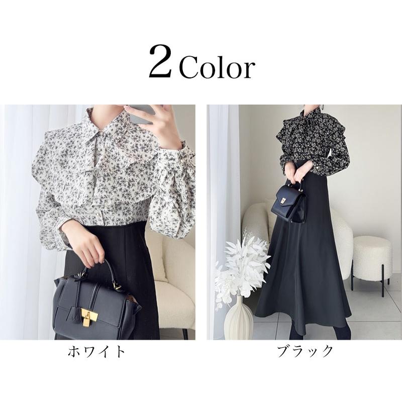 【mily bilet】 ワンピース レディース 小花柄 リボンタイ リボン ドッキング フリル ボウタイ レースアップ ブラウス スカート ケープ フレア | classicalelf | 02