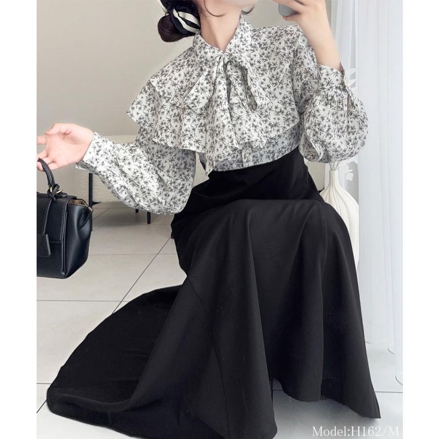 【mily bilet】 ワンピース レディース 小花柄 リボンタイ リボン ドッキング フリル ボウタイ レースアップ ブラウス スカート ケープ フレア | classicalelf | 03