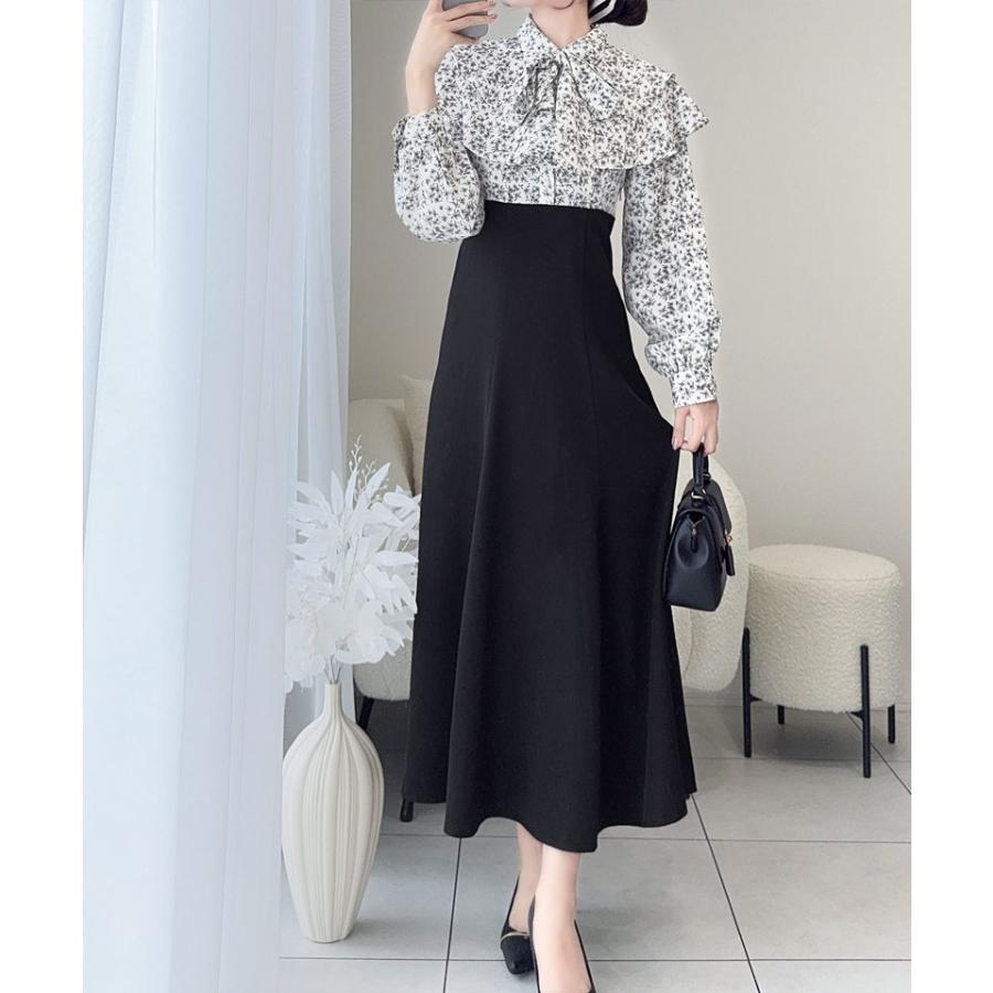 【mily bilet】 ワンピース レディース 小花柄 リボンタイ リボン ドッキング フリル ボウタイ レースアップ ブラウス スカート ケープ フレア | classicalelf | 04