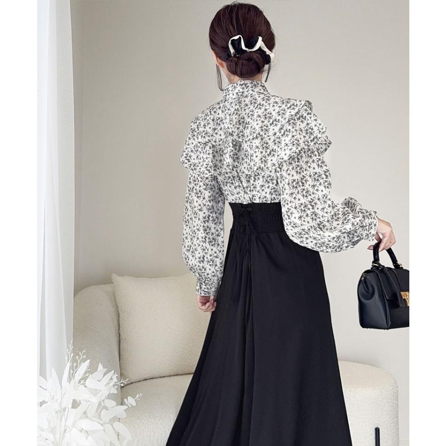 【mily bilet】 ワンピース レディース 小花柄 リボンタイ リボン ドッキング フリル ボウタイ レースアップ ブラウス スカート ケープ フレア | classicalelf | 05