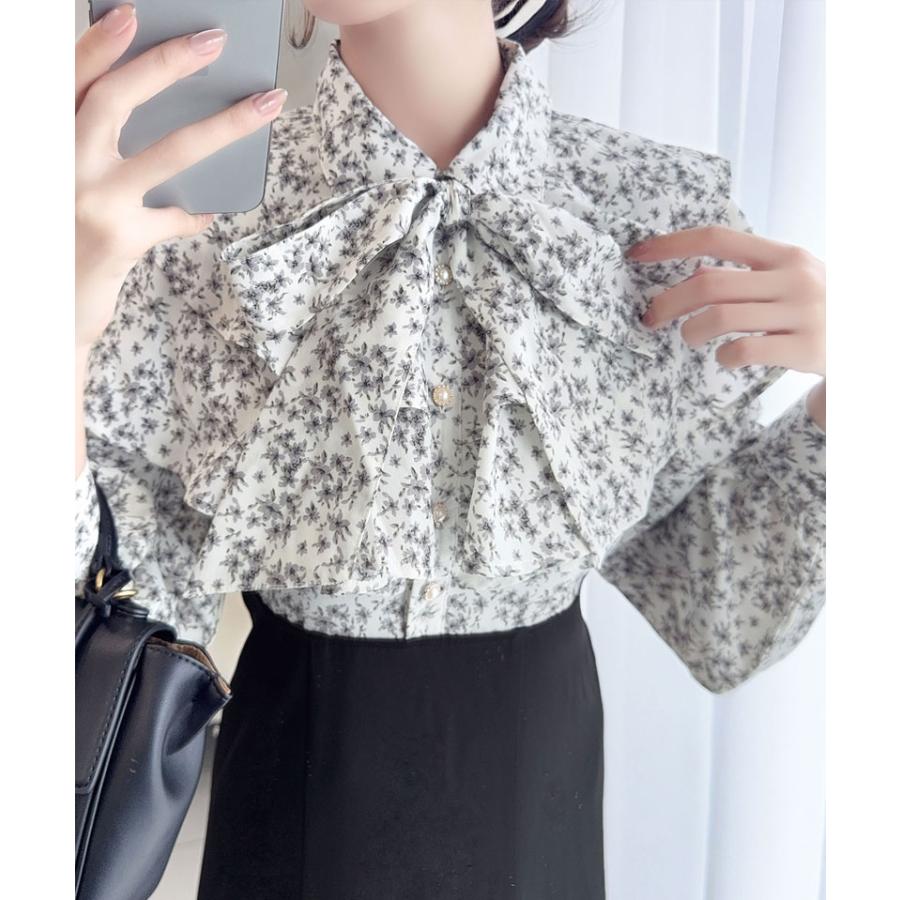 【mily bilet】 ワンピース レディース 小花柄 リボンタイ リボン ドッキング フリル ボウタイ レースアップ ブラウス スカート ケープ フレア | classicalelf | 06