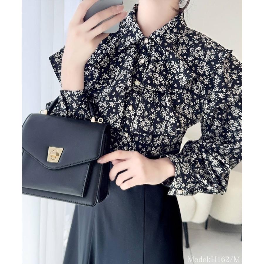 【mily bilet】 ワンピース レディース 小花柄 リボンタイ リボン ドッキング フリル ボウタイ レースアップ ブラウス スカート ケープ フレア | classicalelf | 07