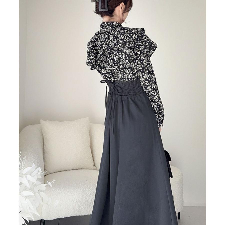 【mily bilet】 ワンピース レディース 小花柄 リボンタイ リボン ドッキング フリル ボウタイ レースアップ ブラウス スカート ケープ フレア | classicalelf | 08