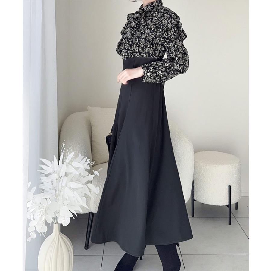 【mily bilet】 ワンピース レディース 小花柄 リボンタイ リボン ドッキング フリル ボウタイ レースアップ ブラウス スカート ケープ フレア | classicalelf | 09