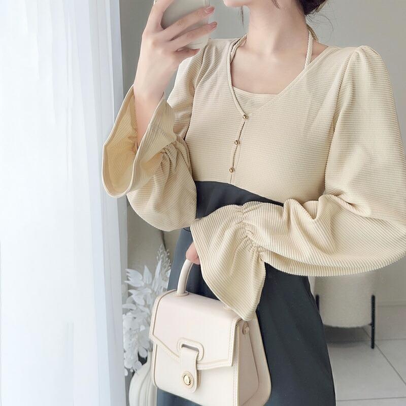 【mily bilet】 チョーカー デザイン レイヤード風 キャンディースリーブ ドッキング ナロー ワンピース レディース ハイウエスト スタイルアップ | classicalelf