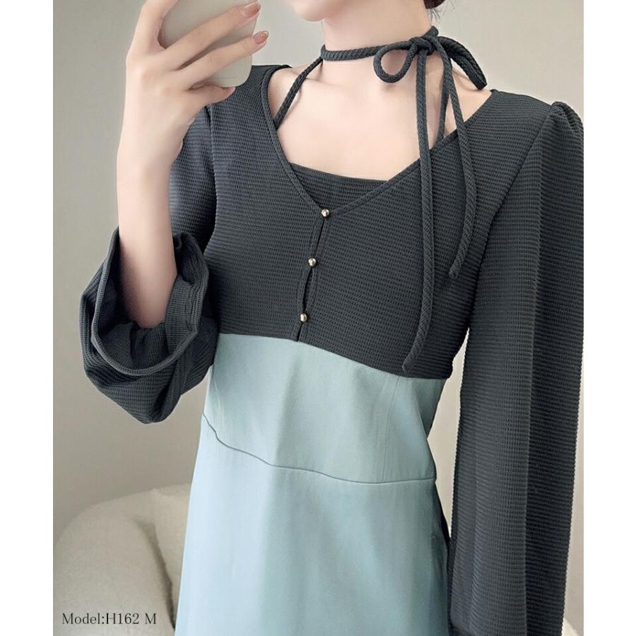 【mily bilet】 チョーカー デザイン レイヤード風 キャンディースリーブ ドッキング ナロー ワンピース レディース ハイウエスト スタイルアップ | classicalelf | 11