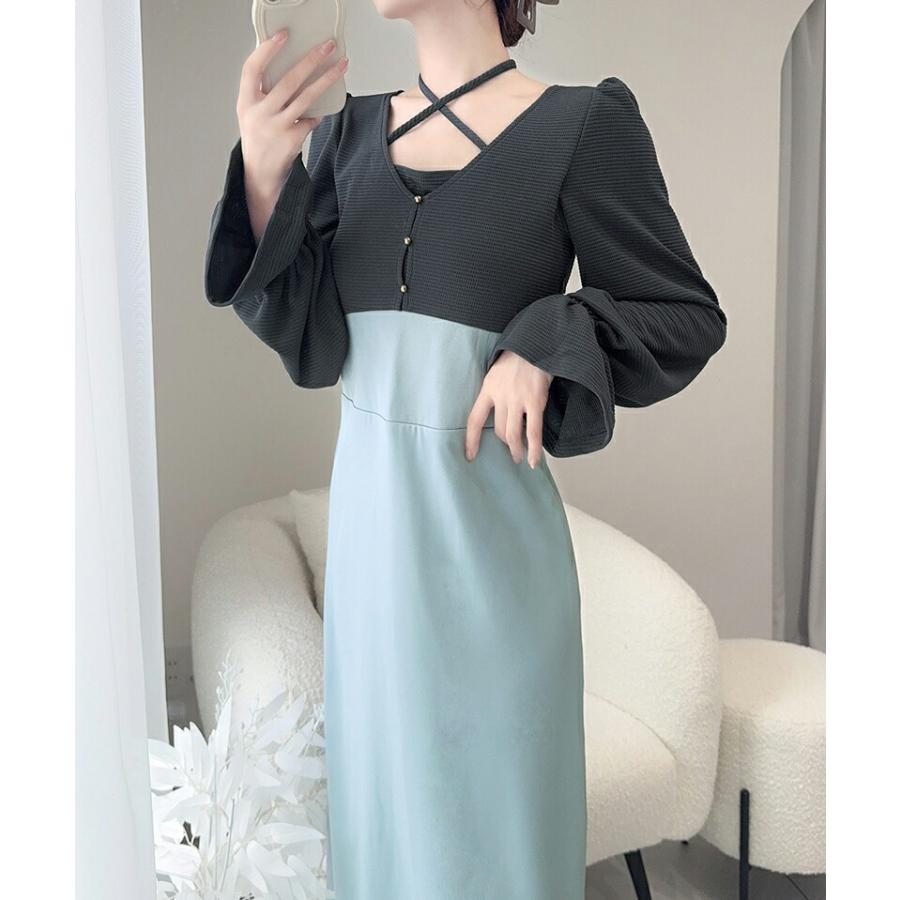 【mily bilet】 チョーカー デザイン レイヤード風 キャンディースリーブ ドッキング ナロー ワンピース レディース ハイウエスト スタイルアップ | classicalelf | 12