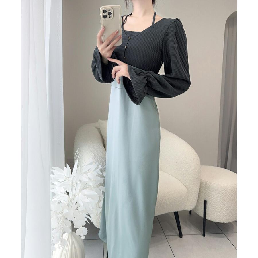 【mily bilet】 チョーカー デザイン レイヤード風 キャンディースリーブ ドッキング ナロー ワンピース レディース ハイウエスト スタイルアップ | classicalelf | 13