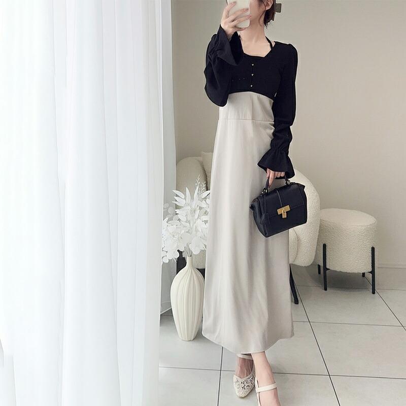 【mily bilet】 チョーカー デザイン レイヤード風 キャンディースリーブ ドッキング ナロー ワンピース レディース ハイウエスト スタイルアップ | classicalelf | 16