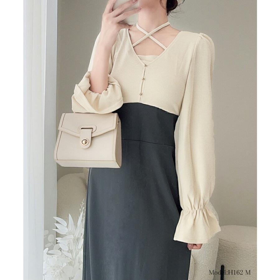 【mily bilet】 チョーカー デザイン レイヤード風 キャンディースリーブ ドッキング ナロー ワンピース レディース ハイウエスト スタイルアップ | classicalelf | 03