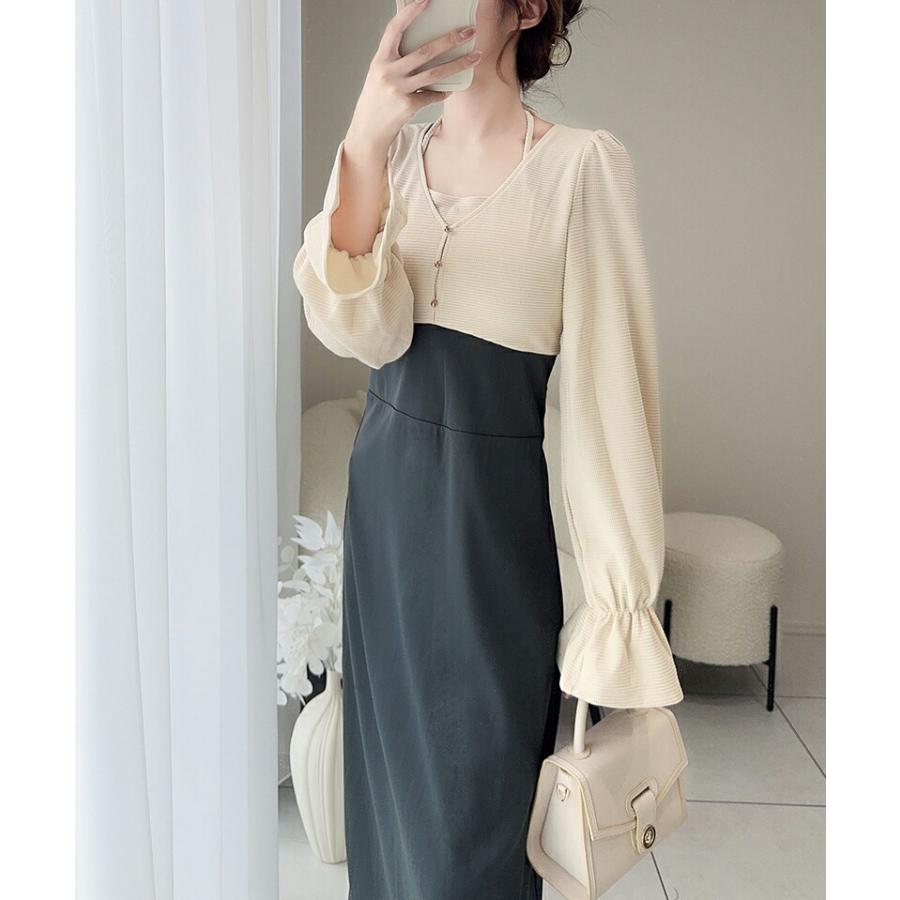 【mily bilet】 チョーカー デザイン レイヤード風 キャンディースリーブ ドッキング ナロー ワンピース レディース ハイウエスト スタイルアップ | classicalelf | 04