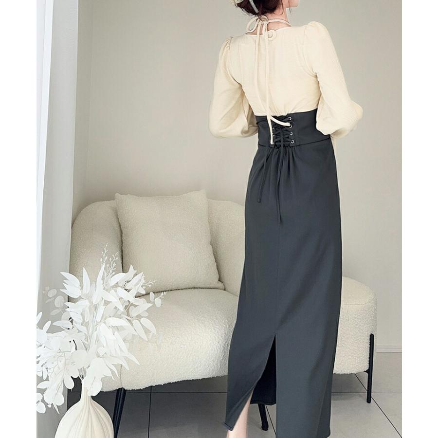 【mily bilet】 チョーカー デザイン レイヤード風 キャンディースリーブ ドッキング ナロー ワンピース レディース ハイウエスト スタイルアップ | classicalelf | 05