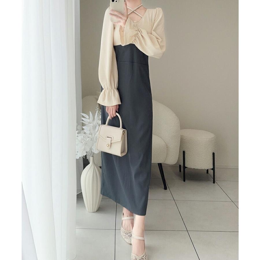 【mily bilet】 チョーカー デザイン レイヤード風 キャンディースリーブ ドッキング ナロー ワンピース レディース ハイウエスト スタイルアップ | classicalelf | 06