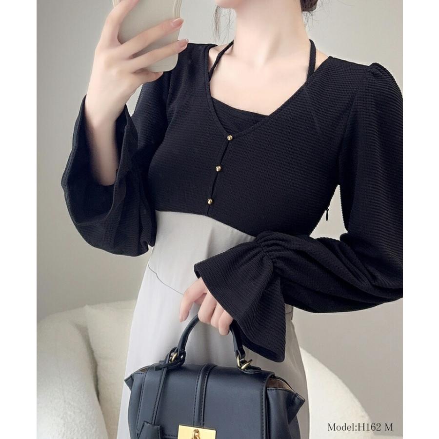 【mily bilet】 チョーカー デザイン レイヤード風 キャンディースリーブ ドッキング ナロー ワンピース レディース ハイウエスト スタイルアップ | classicalelf | 07