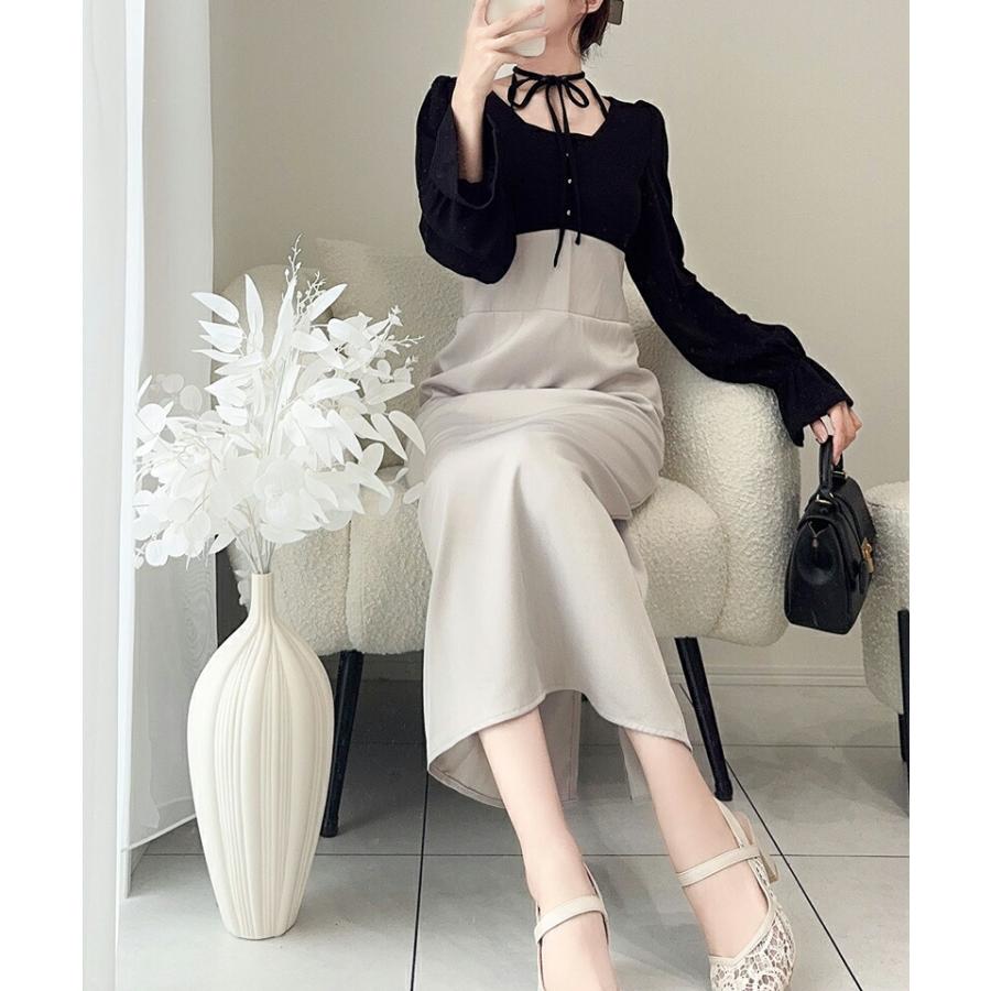 【mily bilet】 チョーカー デザイン レイヤード風 キャンディースリーブ ドッキング ナロー ワンピース レディース ハイウエスト スタイルアップ | classicalelf | 09