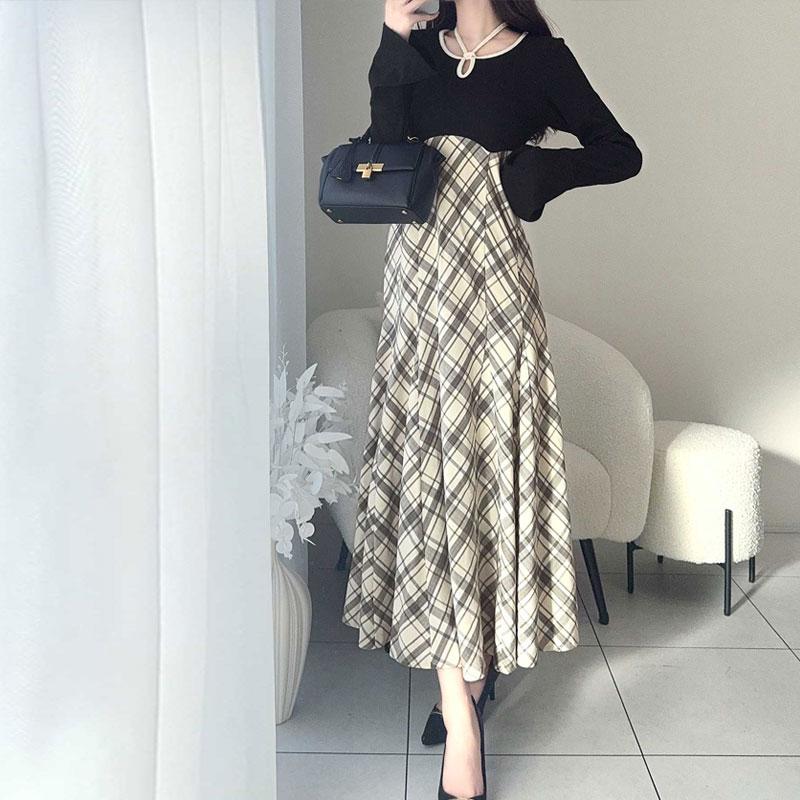 【mily bilet】 ワンピース レディース チョーカー 配色 パイピング バイカラー カットソー ドッキング チェック 袖フレア ハイウエスト | classicalelf | 14