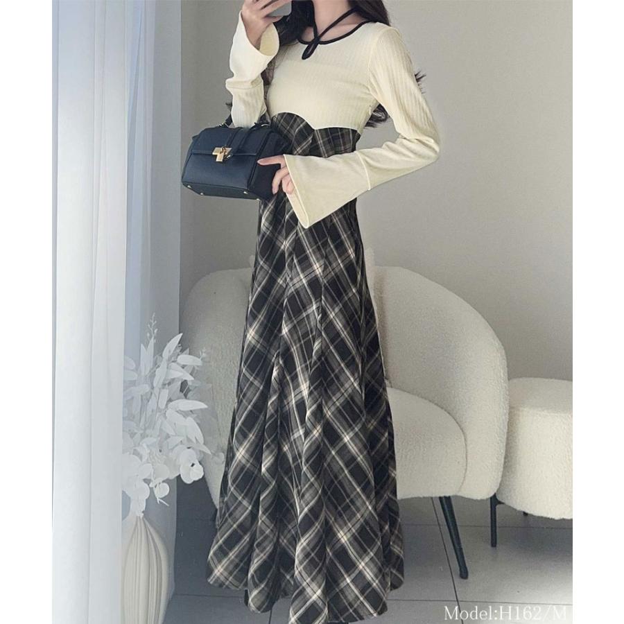 【mily bilet】 ワンピース レディース チョーカー 配色 パイピング バイカラー カットソー ドッキング チェック 袖フレア ハイウエスト | classicalelf | 03