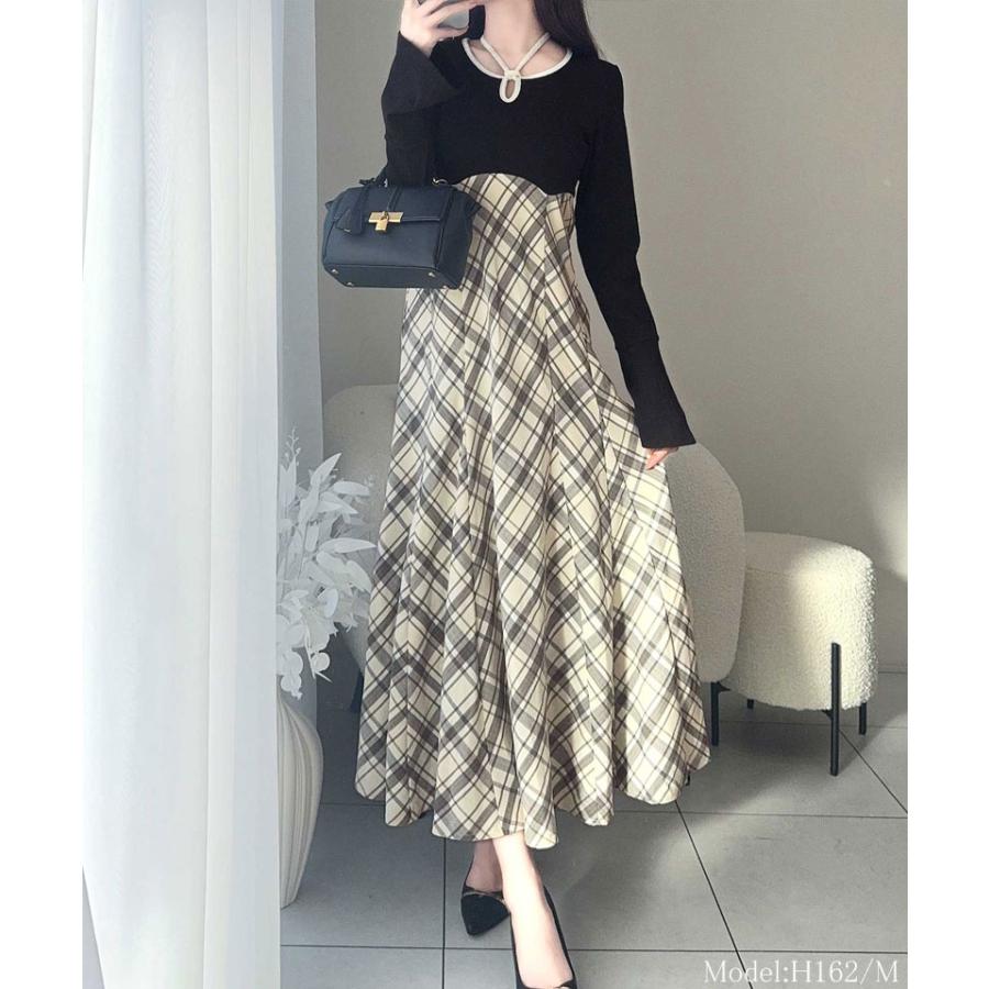 【mily bilet】 ワンピース レディース チョーカー 配色 パイピング バイカラー カットソー ドッキング チェック 袖フレア ハイウエスト | classicalelf | 06