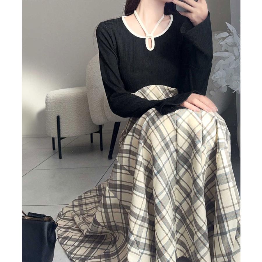 【mily bilet】 ワンピース レディース チョーカー 配色 パイピング バイカラー カットソー ドッキング チェック 袖フレア ハイウエスト | classicalelf | 07