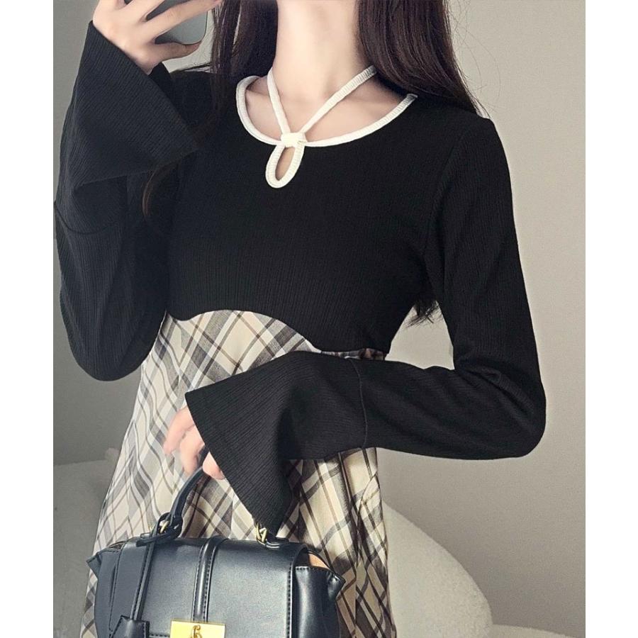 【mily bilet】 ワンピース レディース チョーカー 配色 パイピング バイカラー カットソー ドッキング チェック 袖フレア ハイウエスト | classicalelf | 08