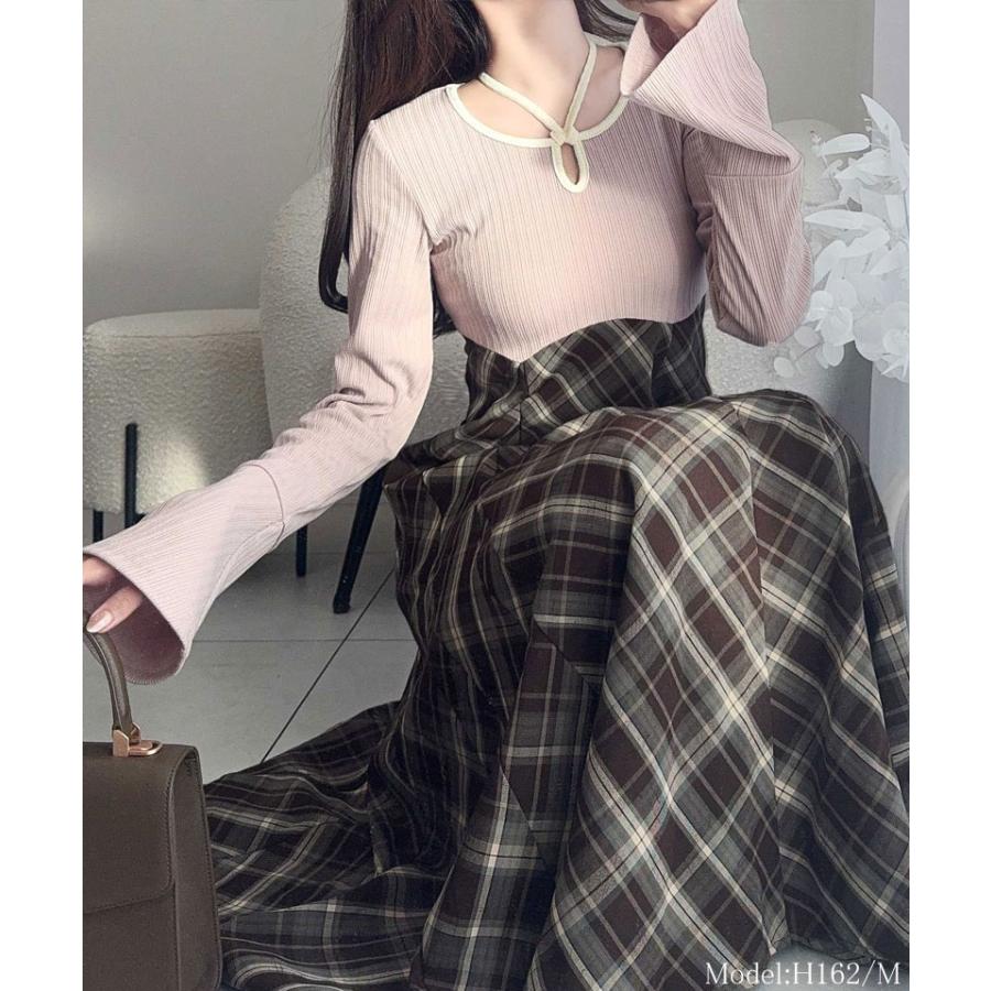 【mily bilet】 ワンピース レディース チョーカー 配色 パイピング バイカラー カットソー ドッキング チェック 袖フレア ハイウエスト | classicalelf | 09