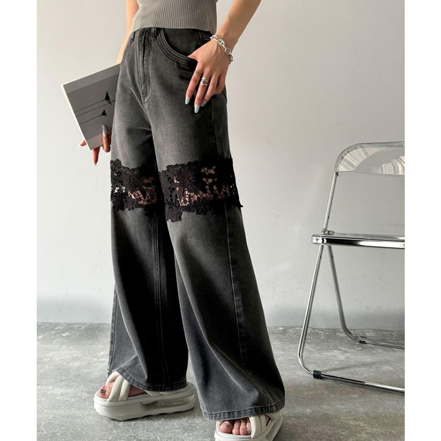 【mily bilet】ボトムス パンツ レディース デニムパンツ 花柄レース ワイドパンツ ストレート ワイドデニムパンツ モチーフレース 大きいサイズ 春 夏 | classicalelf | 03