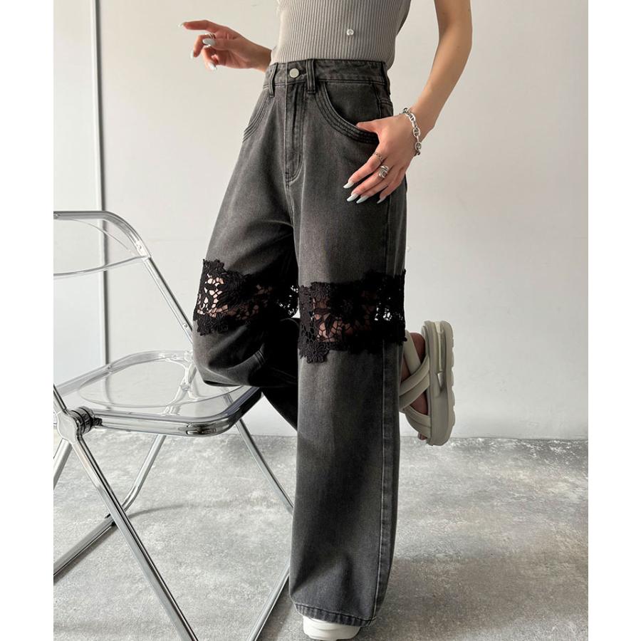【mily bilet】ボトムス パンツ レディース デニムパンツ 花柄レース ワイドパンツ ストレート ワイドデニムパンツ モチーフレース 大きいサイズ 春 夏 | classicalelf | 04