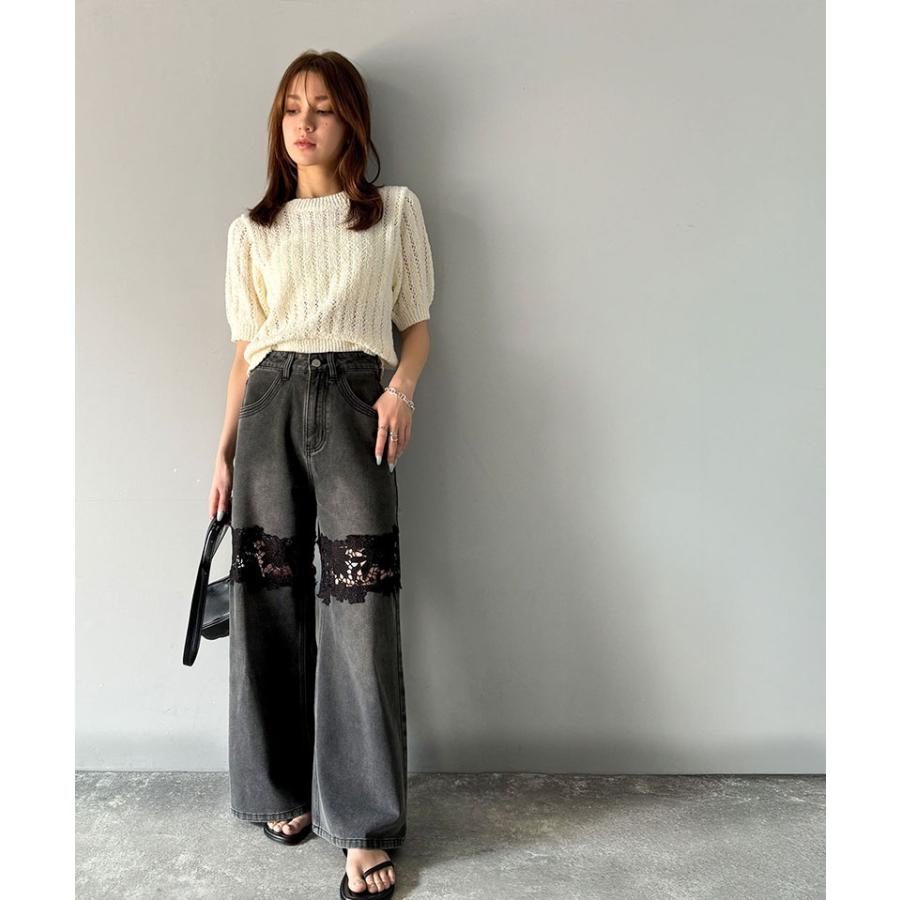 【mily bilet】ボトムス パンツ レディース デニムパンツ 花柄レース ワイドパンツ ストレート ワイドデニムパンツ モチーフレース 大きいサイズ 春 夏 | classicalelf | 06