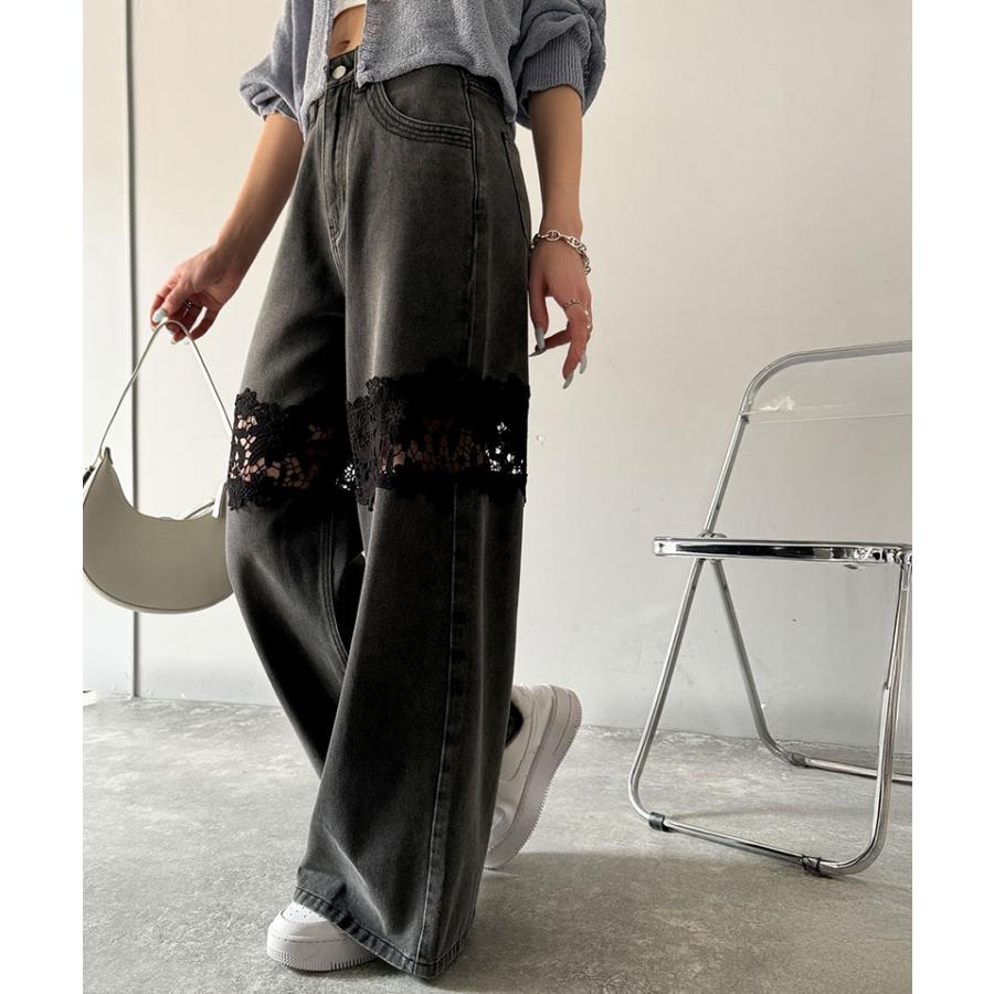 【mily bilet】ボトムス パンツ レディース デニムパンツ 花柄レース ワイドパンツ ストレート ワイドデニムパンツ モチーフレース 大きいサイズ 春 夏 | classicalelf | 08