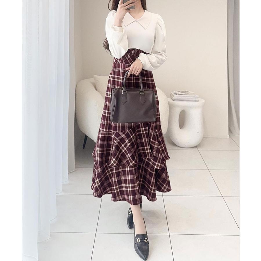 【mily bilet】 ワンピース 秋 レディース きれいめ シャツ 襟 チェック アシメ フリル ドッキング ロングワンピ レースアップ 長袖 大きいサイズ 秋 冬 | classicalelf | 13