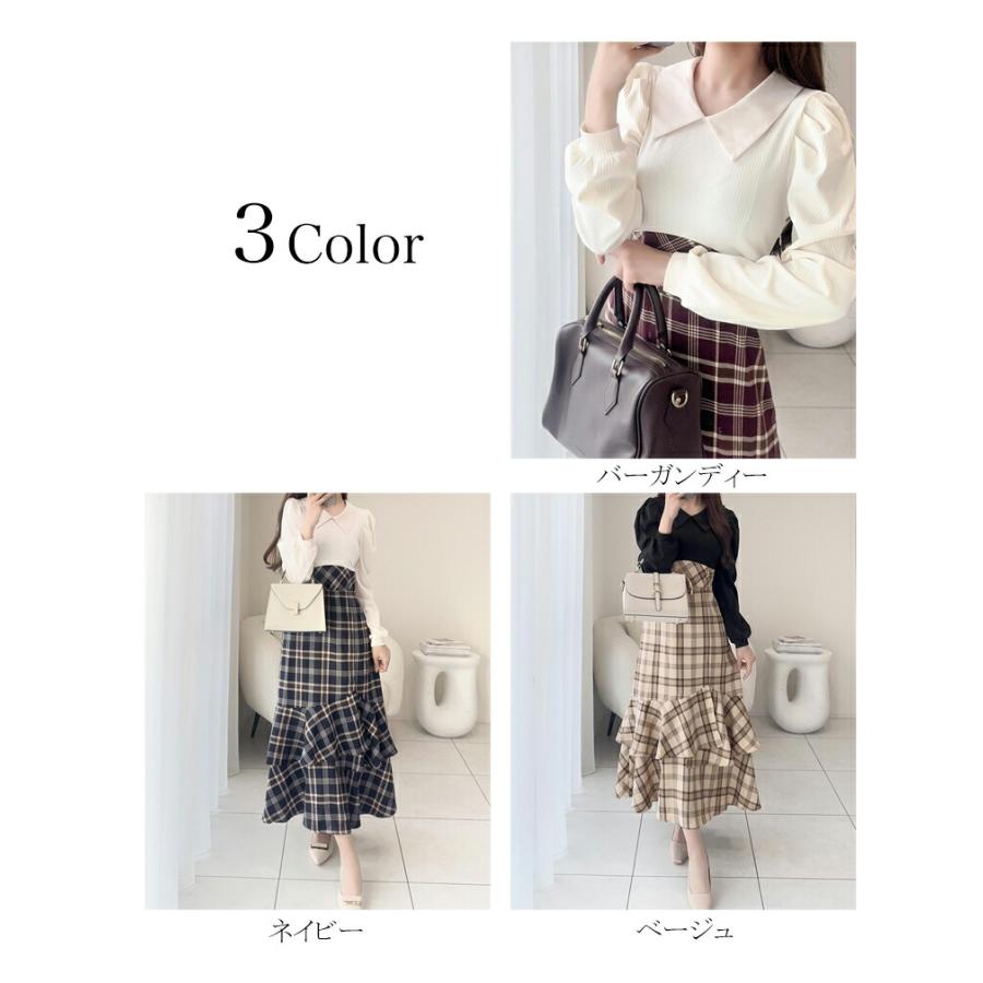 【mily bilet】 ワンピース 秋 レディース きれいめ シャツ 襟 チェック アシメ フリル ドッキング ロングワンピ レースアップ 長袖 大きいサイズ 秋 冬 | classicalelf | 01