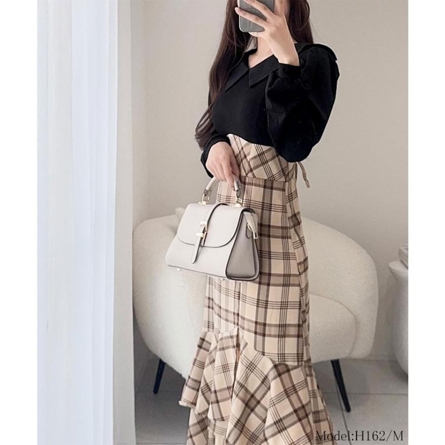 【mily bilet】 ワンピース 秋 レディース きれいめ シャツ 襟 チェック アシメ フリル ドッキング ロングワンピ レースアップ 長袖 大きいサイズ 秋 冬 | classicalelf | 02