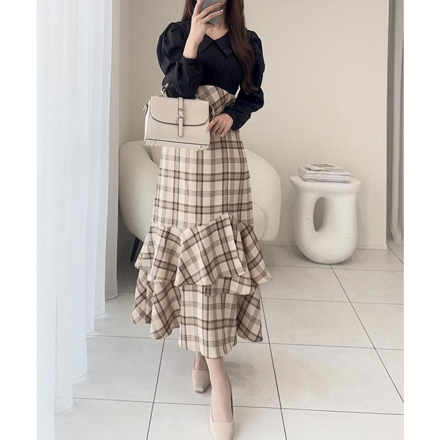 【mily bilet】 ワンピース 秋 レディース きれいめ シャツ 襟 チェック アシメ フリル ドッキング ロングワンピ レースアップ 長袖 大きいサイズ 秋 冬 | classicalelf | 03