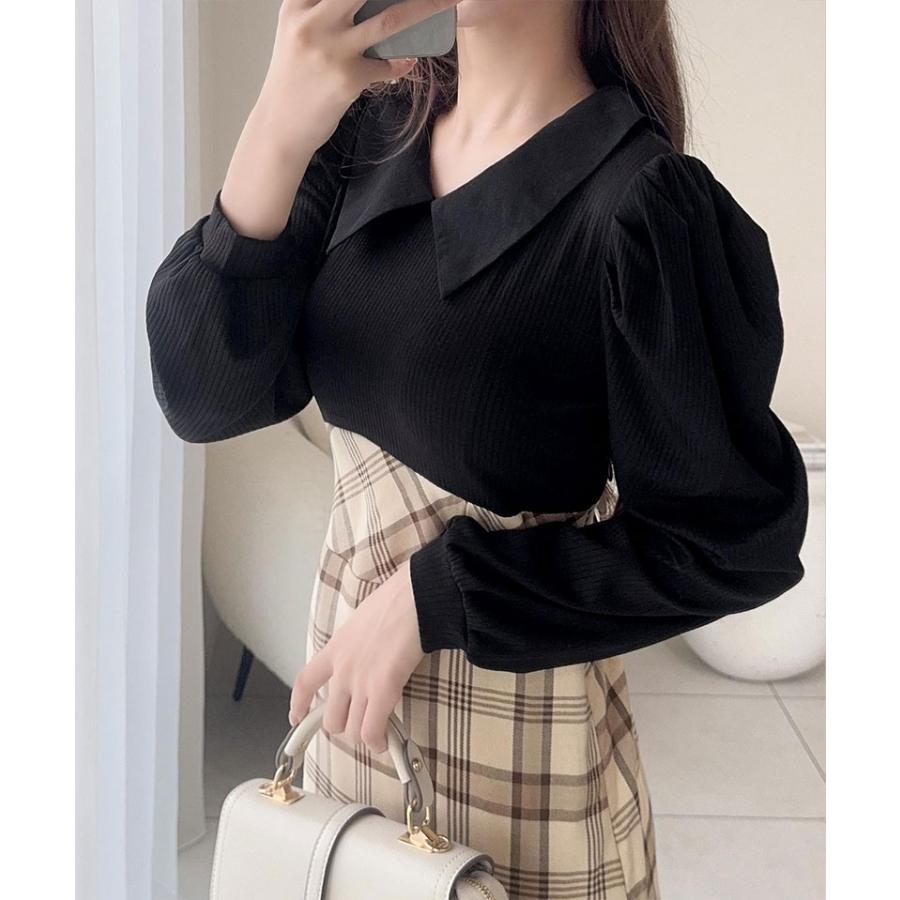 【mily bilet】 ワンピース 秋 レディース きれいめ シャツ 襟 チェック アシメ フリル ドッキング ロングワンピ レースアップ 長袖 大きいサイズ 秋 冬 | classicalelf | 04