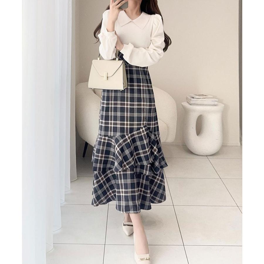 【mily bilet】 ワンピース 秋 レディース きれいめ シャツ 襟 チェック アシメ フリル ドッキング ロングワンピ レースアップ 長袖 大きいサイズ 秋 冬 | classicalelf | 09