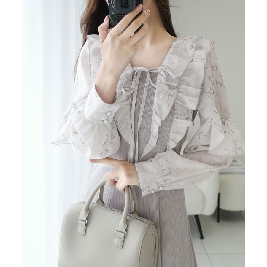 【mily bilet】ワンピース 秋 レディース きれいめ シャイニー花柄 フリル ブラウス ドッキングワンピース 異素材 切り替えデザイン Aラインシルエット | classicalelf | 11