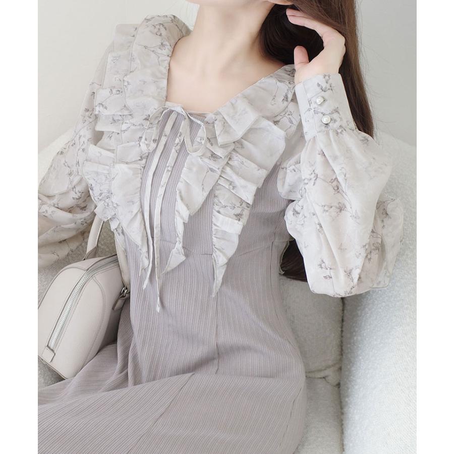 【mily bilet】ワンピース 秋 レディース きれいめ シャイニー花柄 フリル ブラウス ドッキングワンピース 異素材 切り替えデザイン Aラインシルエット | classicalelf | 12