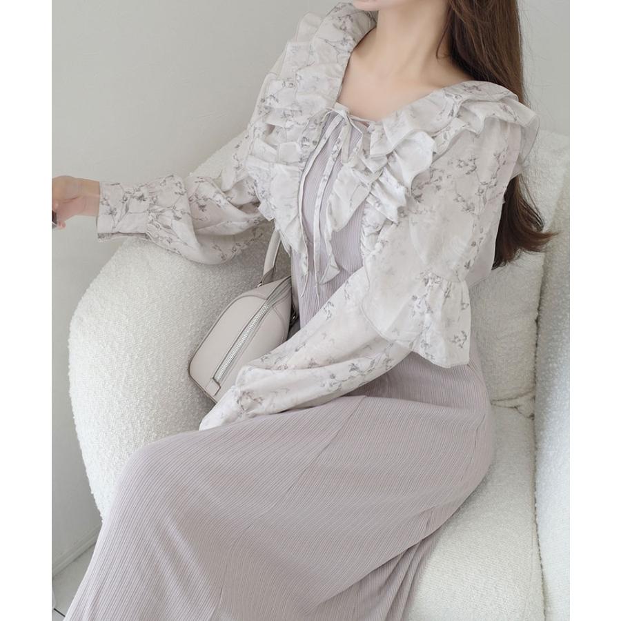 【mily bilet】ワンピース 秋 レディース きれいめ シャイニー花柄 フリル ブラウス ドッキングワンピース 異素材 切り替えデザイン Aラインシルエット | classicalelf | 13