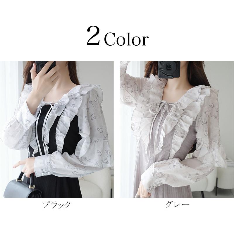 【mily bilet】ワンピース 秋 レディース きれいめ シャイニー花柄 フリル ブラウス ドッキングワンピース 異素材 切り替えデザイン Aラインシルエット | classicalelf | 01