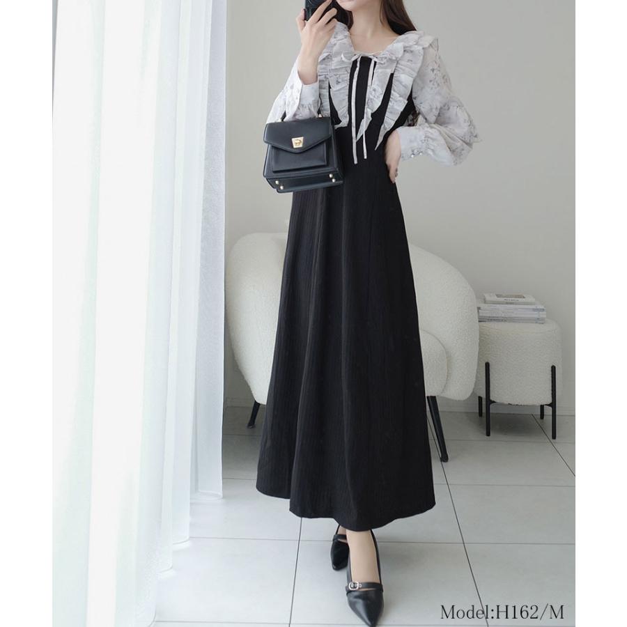 【mily bilet】ワンピース 秋 レディース きれいめ シャイニー花柄 フリル ブラウス ドッキングワンピース 異素材 切り替えデザイン Aラインシルエット | classicalelf | 02