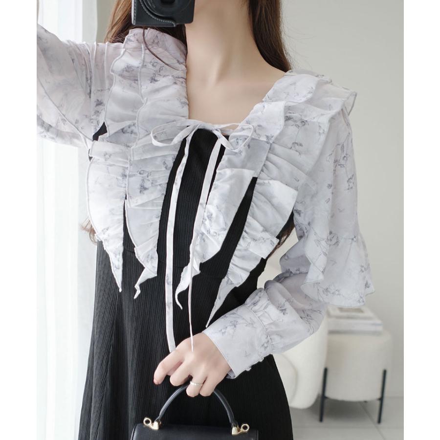 【mily bilet】ワンピース 秋 レディース きれいめ シャイニー花柄 フリル ブラウス ドッキングワンピース 異素材 切り替えデザイン Aラインシルエット | classicalelf | 03